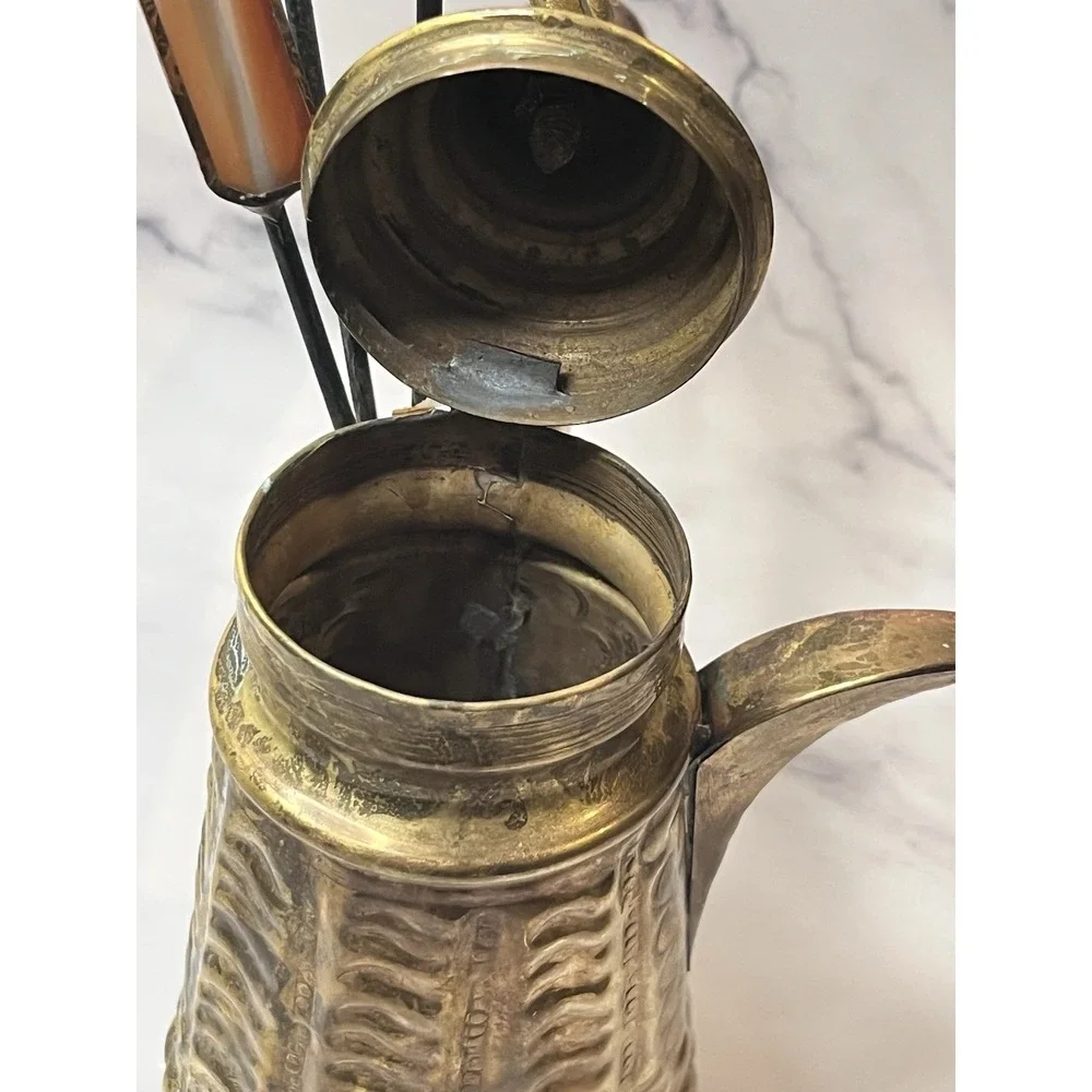 Vintage Brass Turkish Arabic Dallah Coffee Pot With Glass Embellishments Feather